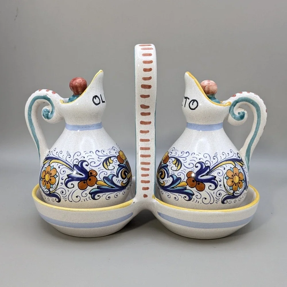 Vintage Ceramiche Deruta Italy Raffaellesco Oil Vinegar Cruet Set Hand Painted